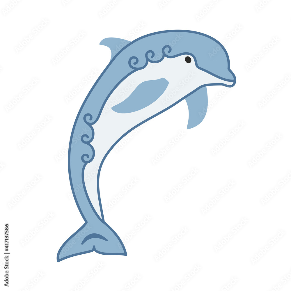 Cute cartoon stylized blue dolphin with curls. Hand-drawn vector. Marine mammals, ocean underwater world, aquarium animals. A symbol of kindness. For children illustrations, printing on fabric, web.