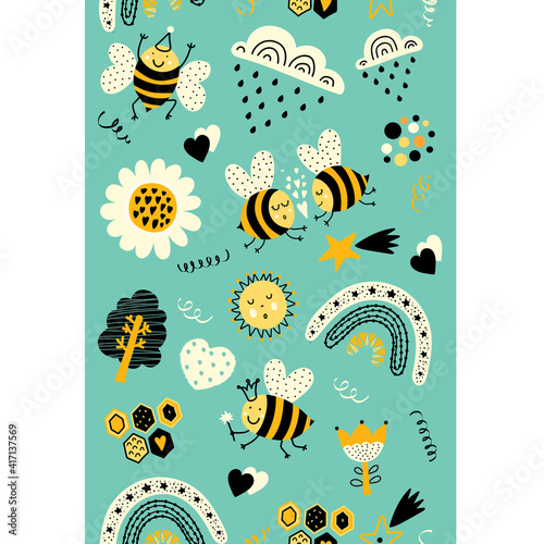 Vertical seamless border with bees  rainbows and stars.
