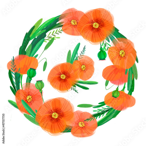 A wreath and a bouquet of poppies. For invitations and cards. Isolated elements