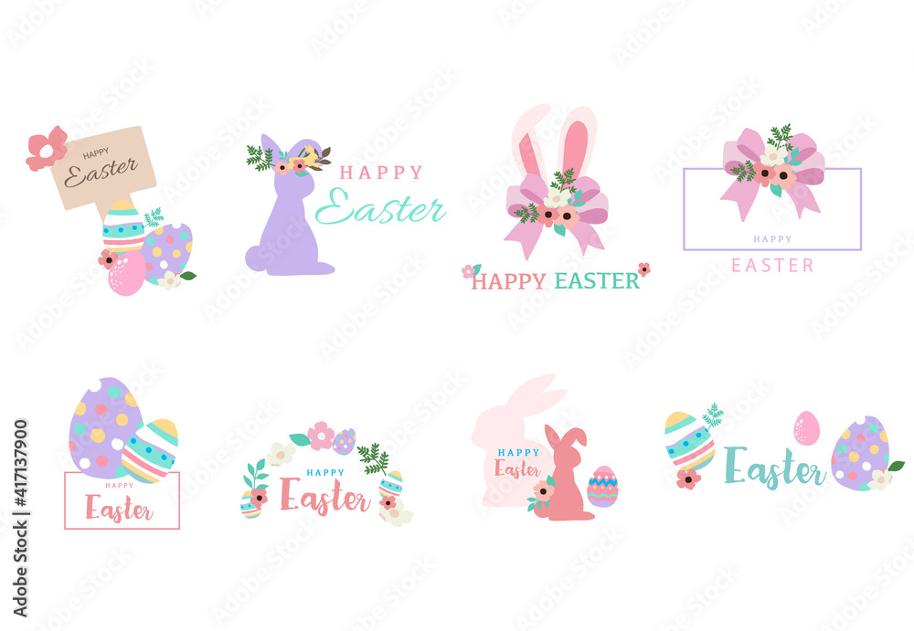 Collection of easter object set with rabbit,egg,flower.Editable vector illustration for website, invitation,postcard and sticker