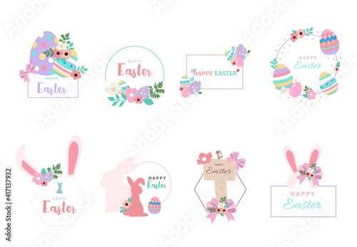 Collection of easter object set with rabbit,egg,flower.Editable vector illustration for website, invitation,postcard and sticker