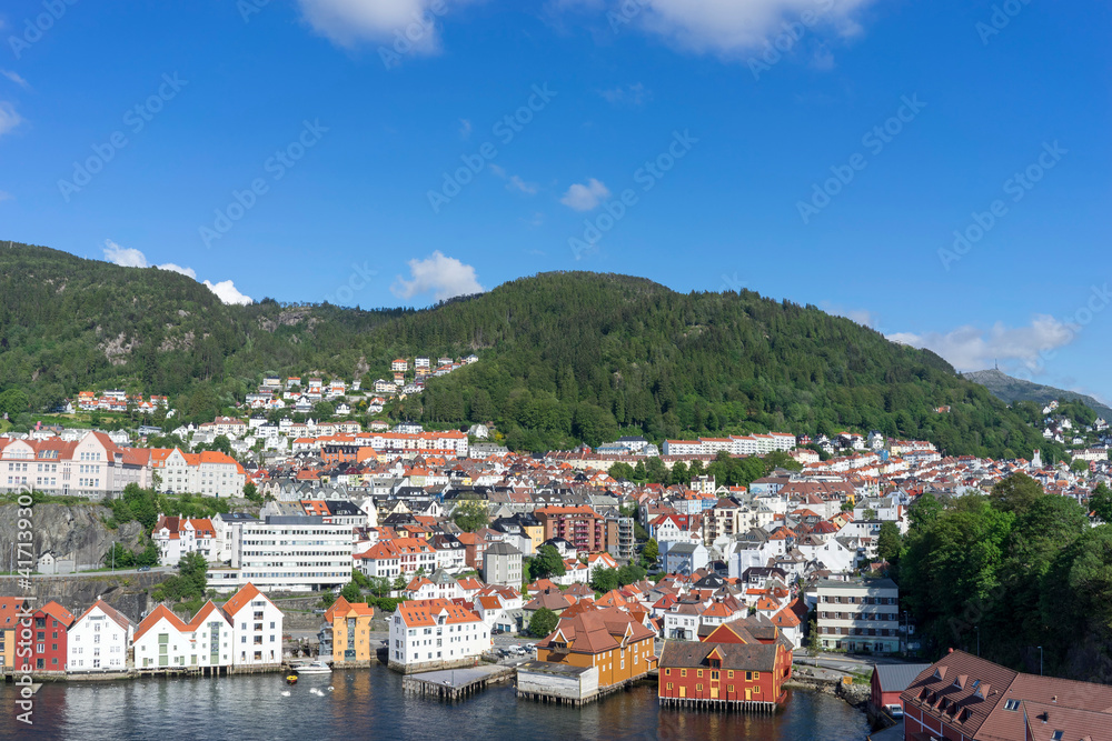 Bergen / Norway - June, 2020: View of street and authentic houses of Bergen.