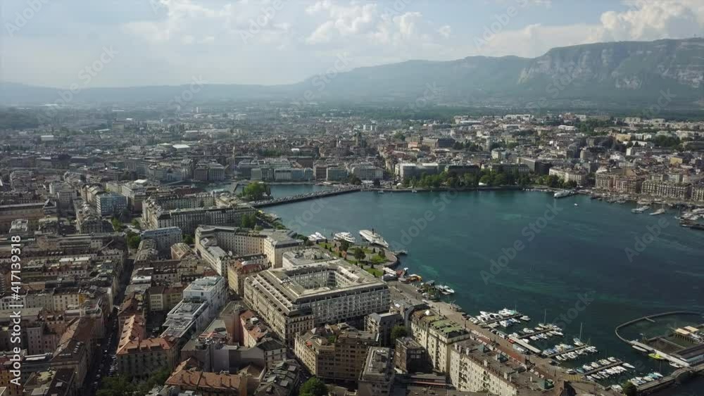 day time geneva lakeside bay cityscape aerial panorama 4k switzerland day time geneva lakeside bay cityscape aerial panorama 4k switzerland