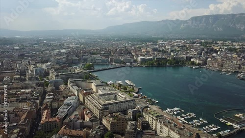 day time geneva lakeside bay cityscape aerial panorama 4k switzerland