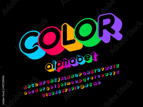 Colorful style alphabet design with uppercase, lowercase, number and symbols