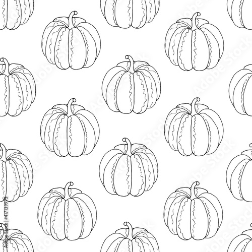 Seamless pattern from outline pumpkin. white background. Hand drawing. Vector illustration.