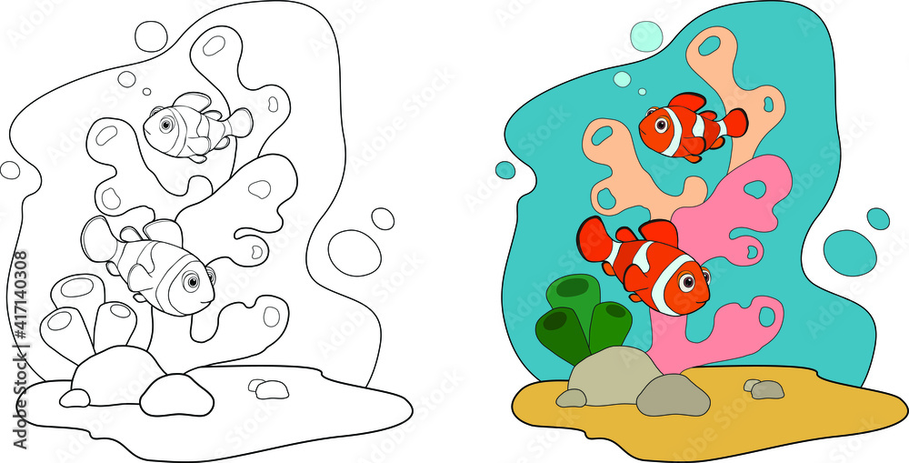 Coloring book page for children with colorful fishes, underwater coral reef and sketch to color. Hand drawn line sea tropical fish. Vector illustration isolated. Animal totem for adult Coloring Page