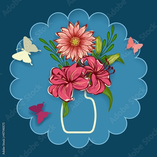 Origami, flowers with butterflies. Lilies in a jar. Postcard for the holiday. Design for the holidays.