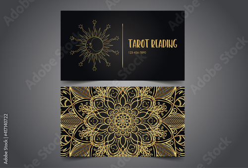 Magician, fortune teller or tarot reader card design template. Vector Illustration. Mysterious symbol over sacred geometry symbols. Alchemy, spirituality, occultism.