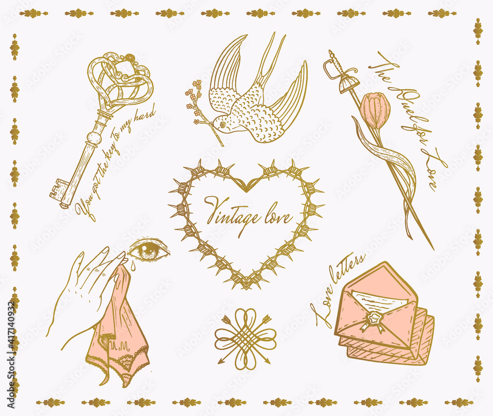 love symbols flash tattoo : swallow with twig, letters in an envelope, handkerchief wipes tear, key, sword and tulip.