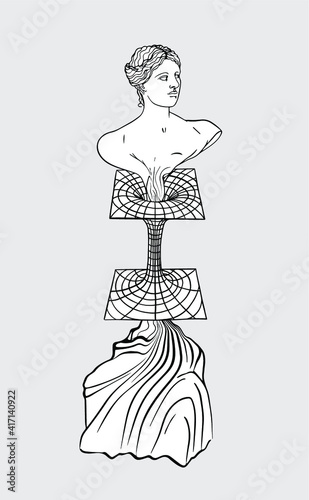 greek statue going through a wormhole, flash tattoo