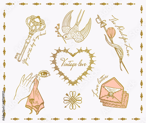 love symbols flash tattoo : swallow with twig, letters in an envelope, handkerchief wipes tear, key, sword and tulip.