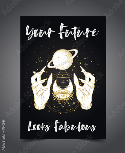 Magician, fortune teller or tarot reader card design template. all seeing eye with rays. Vector Illustration. Mysterious black girl over sacred geometry symbols. Alchemy, spirituality, occultism.