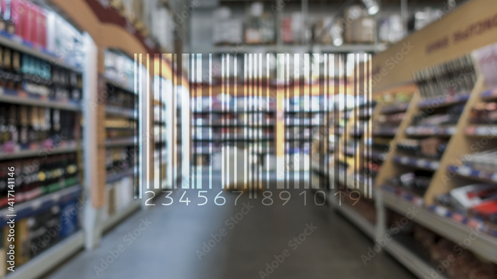 Barcode Mark Market Item Concept on blurred shop background