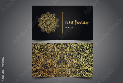 Magician, fortune teller or tarot reader card design template. Vector Illustration. Mysterious symbol over sacred geometry symbols. Alchemy, spirituality, occultism.