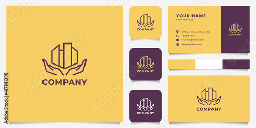 Simple and minimalist line art hands and geometric building logo with icon, color palette, and business card