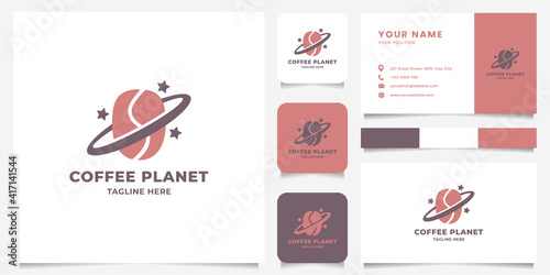 Simple and minimalist coffee planet and little stars logo with icon, color palette, and business card
