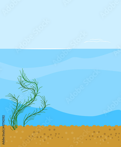 Abstract cartoon underwater background with blue water  sandy bottom and green aquatic plant