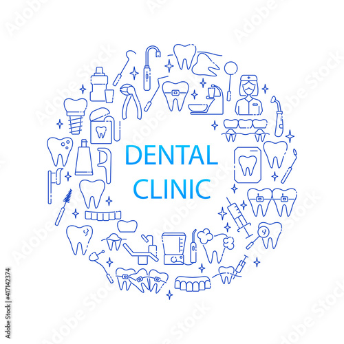 Dentistry and orthodontics line icon set. Thin linear signs for dentistry clinic. Dental care equipment and medical elements. Orthodontics concept.