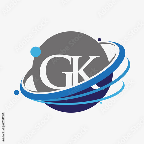 initial letter GK logotype company name colored blue and grey swoosh and globe design. isolated on white background.