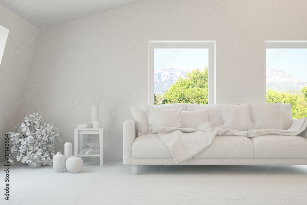 Mock up of stylish room in white color with sofa and green landscape in window. Scandinavian interior design. 3D illustration Mock up of stylish room in white color with sofa and green landscape in window. Scandinavian interior design. 3D illustration