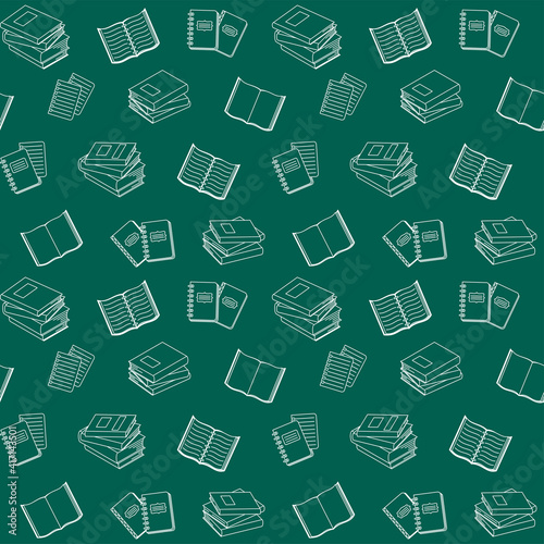White books, textbook, notebook, schoolbook on a green background. Vector seamless pattern, template for website wallpaper, wrapping paper, printing on fabric and textile. School and education concept