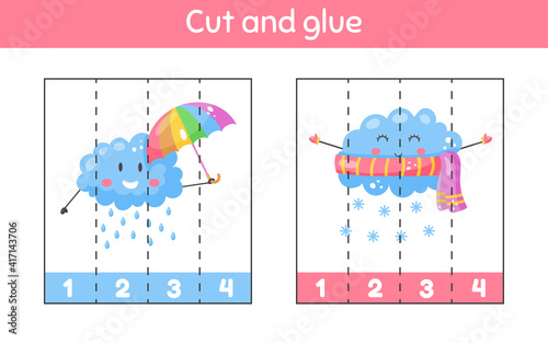 Cut and glue. Learning numbers. Worksheet for kids kindergarten, preschool and school age. Cute weather. Rain, snow.
