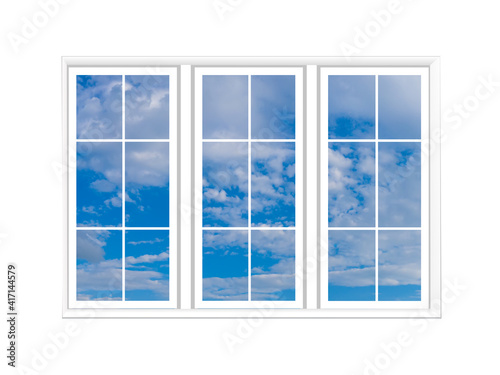 Three windows on a white background. Large white windows. Clear blue sky is visible through the windows. Texture with blue sky. White casement on a light wall. Clear weather pattern.