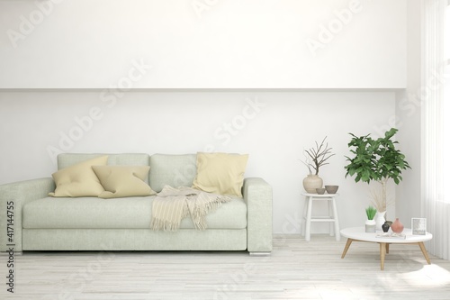 Modern living room in white color with sofa. Scandinavian interior design. 3D illustration