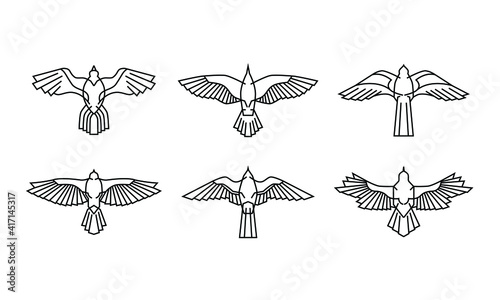 set of hawk icon logo. ancient Egypt illustration of falcon bird collection. symbol of the power and eternal life. modern and minimalist style in monoline vector drawing.
