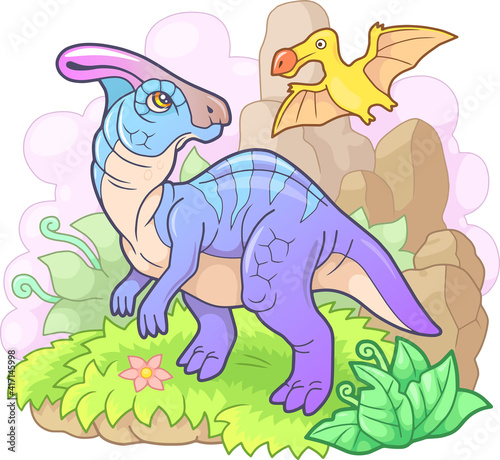cartoon prehistoric dinosaur parasaurolophus, funny illustration