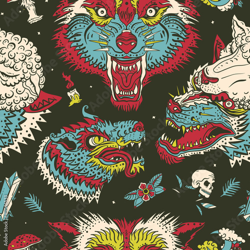 Wolves heads seamless pattern. Dark gothic background. Magic medieval fairy tale style. Werewolf in sheep clothing