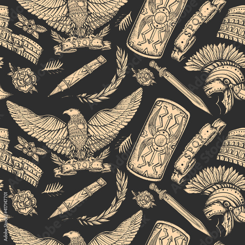 Ancient Rome. Dark seamless pattern. Roman eagle, spartan helmet, sword and shield. Old history of Italy. Traditional tattooing style