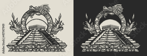 Ancient Maya Civilization. Kukulkan. Feathered Serpent and pyramids. Chichen Itza. Quetzalcoatl. Template for clothes, covers, emblems, stickers, poster and t-shirt design. Typography art