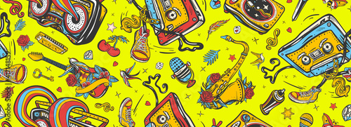 Musical street culture. Hip hop art. Boom box, vinyl, microphone, saxophone and guitar. Audio cassette dances break dance. Funny background. Old school music. Seamless pattern