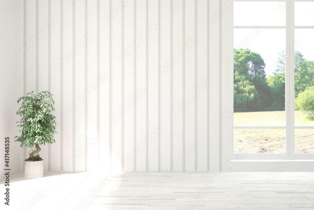 Fototapeta premium Stylish empty room in white color with summer landscape in window. Scandinavian interior design. 3D illustration