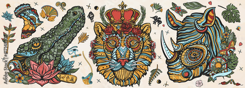 African wild animals portrait. Royal lion, evil crocodile and romantic rhino. Old school tattoo vector collection. Zoo art. Safari in Africa. Traditional tattooing style