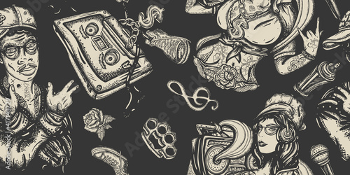 Rap music seamless pattern. Old school tattoo style. Pop culture musical background. Hip hop girl, swag woman. African American man rapper. Audio cassette, break dance art. Street ghetto lifestyle