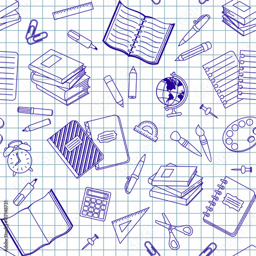 Blue school supplies and office stationary on a notebook sheet in a cell. Vector seamless pattern for banner, office supply store, website wallpaper and wrapping paper. School and education concept