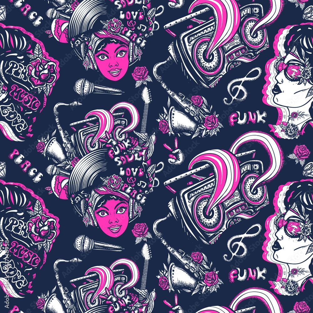 Disco, funk and soul music. Retro musical seamless pattern. Lifestyle background. Old school tattoo art. African American funky woman. Fashion hippie girl, audio type and rainbow boom box