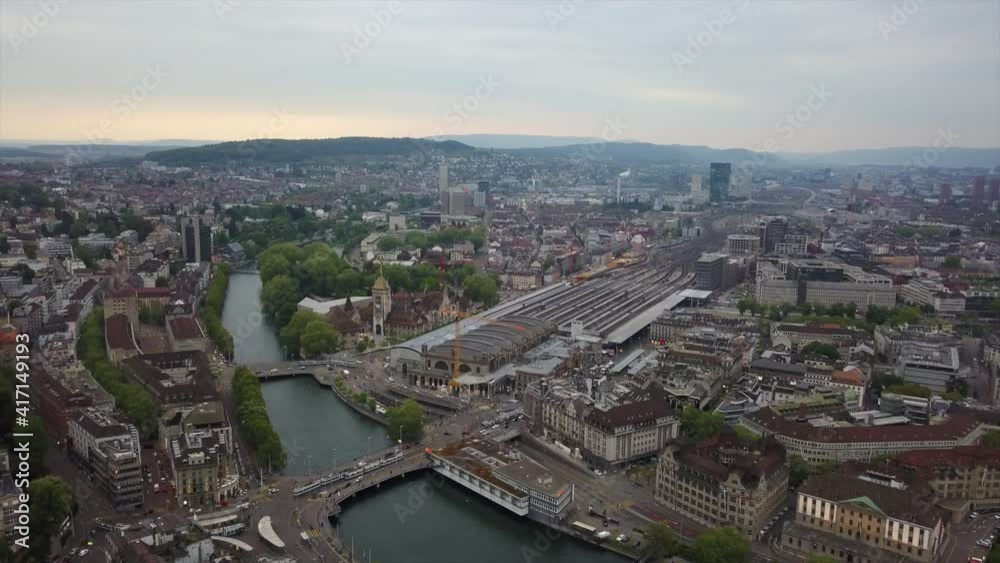 evening time zurich river cityscape aerial panorama 4k switzerland evening time zurich river cityscape aerial panorama 4k switzerland