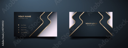 Luxury modern business card print template. Creative and clean executive business class. Elegant premium design with dark background and white, golden lines effect.