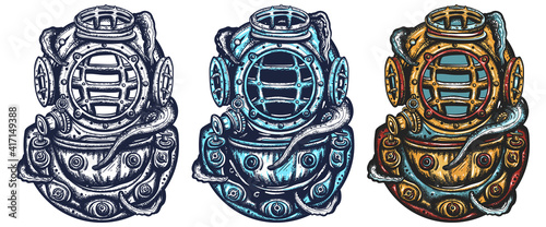 Scuba diver helmet and octopus tentacles. Old school tattoo vector art. Hand drawn cartoon character set. Isolated on white. Traditional tattooing style. Underwater sea diving and monster kraken