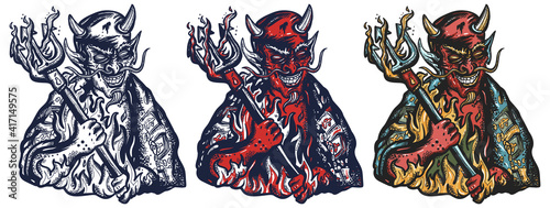 Evil devil. Terrible satan with pitchforks. Symbol of villainy, hell, sins, sinfulness, and depravity. Old school tattoo vector art. Hand drawn cartoon character set. Traditional tattooing style