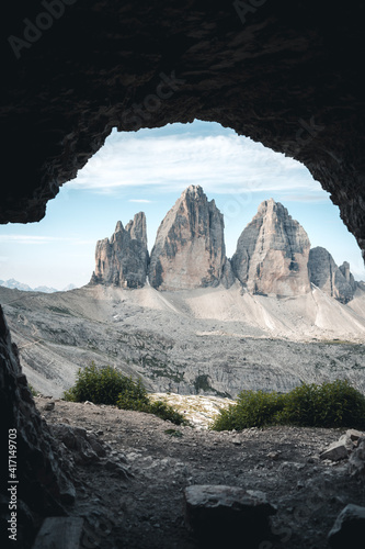 Tre Cime di Lavaredo seen from a cave on Paterno Normal descent
