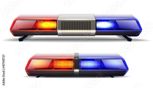 3d realistic vector set of two police car top lights in red and blue. Isolated on white background.