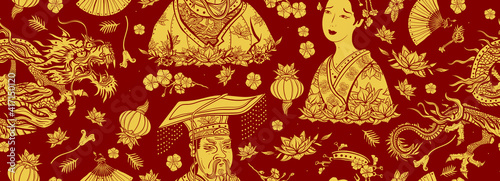 China traditional seamless pattern. Chinese dragon, emperor, queen in  costume, fan, red lantern, lotus flower. Old school tattoo style. Ancient history and culture. Asian background