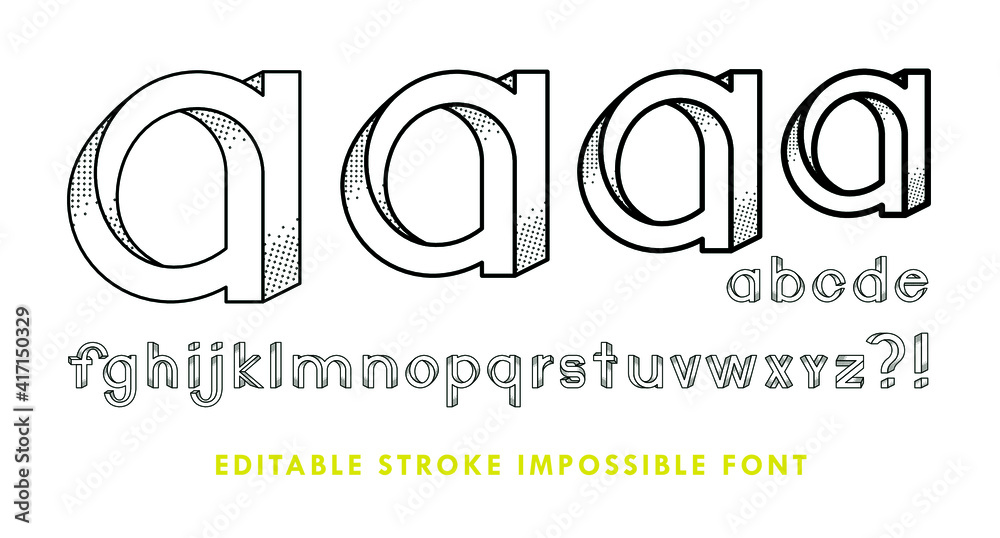 Fototapeta premium Impossible font has shadow texture. The contains 28 characters with editable strokes, meaning the strokes are not expanded and the weights can be edited.