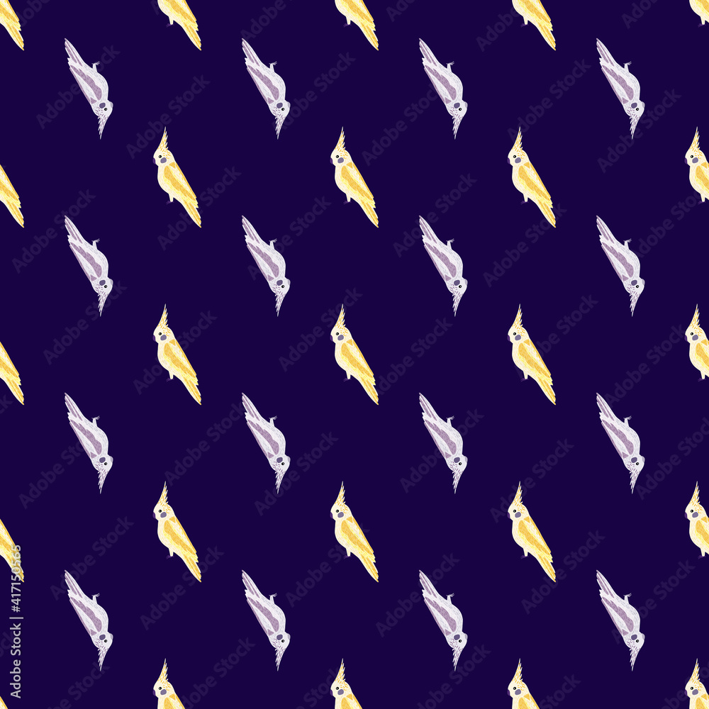 Contrast seamless pattern with light blue and yellow cockatoo parrot bird elements. Navy blue background. Contrast seamless pattern with light blue and yellow cockatoo parrot bird elements. Navy blue background.