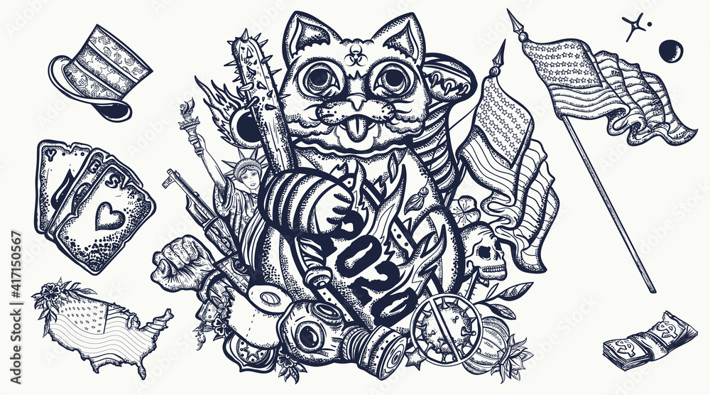 2020 concept. Unlucky lucky cat. Crazy time, great economic crisis, global epidemic. Protests in the United States. Old school tattoo graphic elements